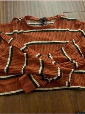 Women's Rust Striped Waffle Crew Neck Sweater